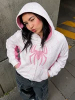 Close-up of Hoodie Con Cierre Spider Pink Edition highlighting premium fabric texture, stitching, and zip-up details