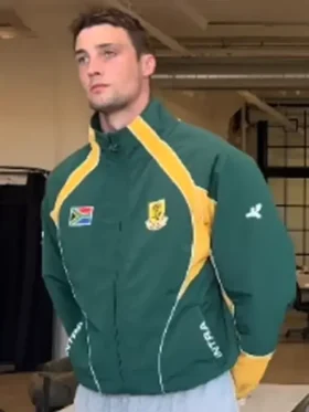 Close-up of Intra x South Africa Nation Jacket highlighting fabric texture, stitching, and South Africa-inspired detailing