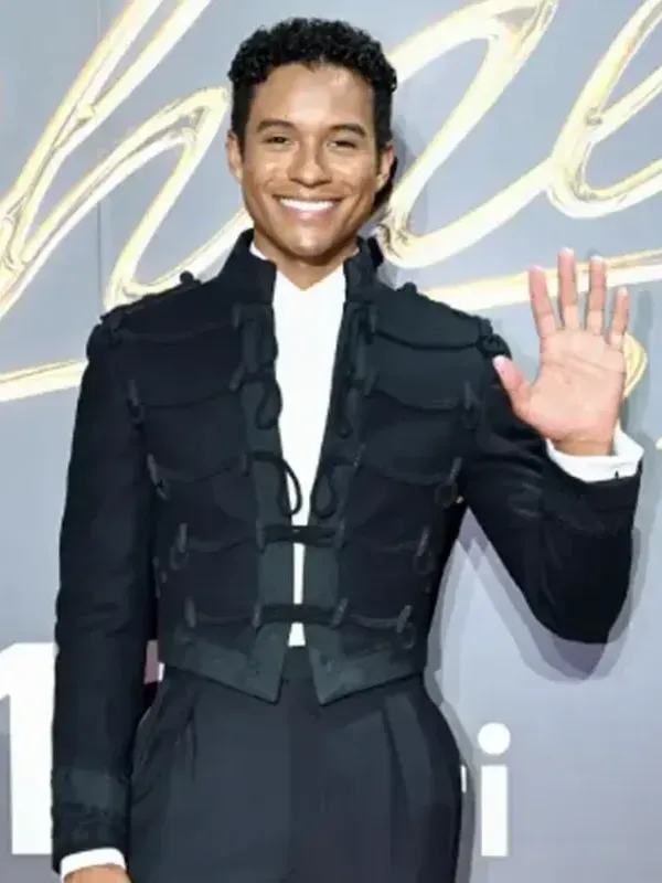 Front view of Jaafar Jackson Michael Premiere Black Jacket featuring clean front detailing and a tailored black silhouette
