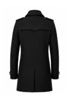 Back view of James Bond 007 First Light Black Trench Coat featuring a clean tailored profile and premium craftsmanship