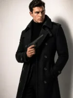 Front look of James Bond 007 First Light Black Trench Coat featuring a sophisticated tailored silhouette and premium finish