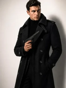 Front look of James Bond 007 First Light Black Trench Coat featuring a sophisticated tailored silhouette and premium finish