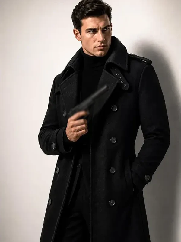 James Bond 007 First Light Black Trench Coat Front Look Front look of James Bond 007 First Light Black Trench Coat featuring a sophisticated tailored silhouette and premium finish