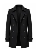 Front view of James Bond 007 First Light Black Trench Coat featuring a tailored fit and premium black finish