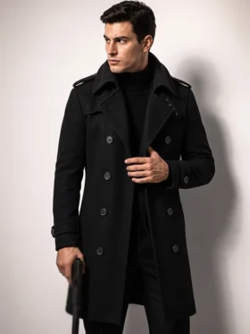 James Bond 007 First Light Black Trench Coat featuring a sleek black finish, tailored silhouette, and iconic spy inspired style