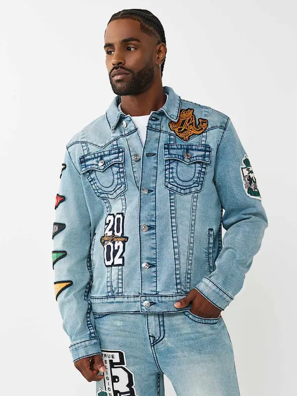 Jimmy Varsity Patch Big T Denim Jacket Front View Jimmy Varsity Patch Big T Denim Jacket Front View