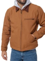 Close-up of John Logan Off Campus S01 Brown Jacket highlighting premium fabric texture, stitching, and brown finish