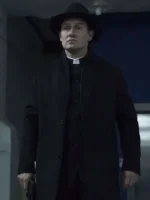 Front view of Josh Stewart The Punisher Black Coat featuring clean front detailing, premium construction, and a tailored fit