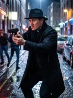 Side view of Josh Stewart The Punisher Black Coat featuring a streamlined profile, premium construction, and tailored craftsmanship
