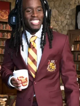 Front view of Kai Cenat Red University Blazer featuring a tailored fit, clean front detailing, and premium construction