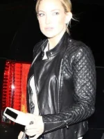 Close-up view of Kate Hudson Black Biker Leather Jacket highlighting leather texture, zipper hardware, stitching, and premium craftsmanship