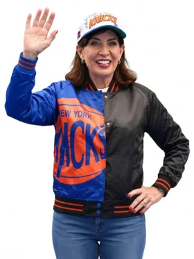 Kathy Hochul Knicks Victory Parade Varsity Jacket Front View