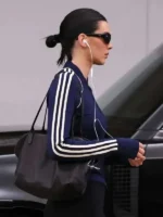Side view of Kendall Jenner 2026 Navy Blue Jacket featuring a sleek profile, tailored fit, and premium navy blue fabric