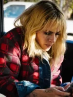 Close-up of Kristen Stewart Reversible Plaid Denim Jacket highlighting denim texture, plaid fabric, stitching, and premium craftsmanship
