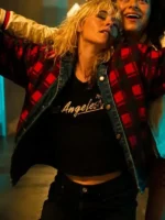 Closure view of Kristen Stewart Reversible Plaid Denim Jacket highlighting premium fastening details, stitching, and reversible construction