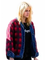 Front view of Kristen Stewart Reversible Plaid Denim Jacket featuring a reversible design, premium denim, and classic plaid styling