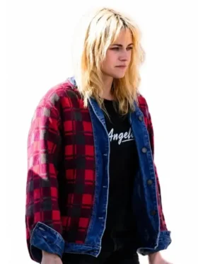 Front view of Kristen Stewart Reversible Plaid Denim Jacket featuring a reversible design, premium denim, and classic plaid styling