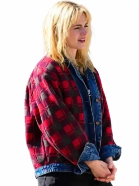 Side view of Kristen Stewart Reversible Plaid Denim Jacket featuring a reversible design, plaid detailing, and premium denim construction