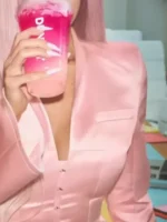 Close-up of Kylie Jenner Dunkin Donuts Pink Blazer highlighting premium fabric texture, stitching, and tailored craftsmanship