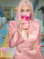 Front view of Kylie Jenner Dunkin Donuts Pink Blazer featuring a structured fit, tailored lapels, and elegant pink styling