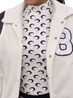 Close-up of LaBrina Jackson Heart and Hustle Houston Varsity Jacket highlighting premium fabric, embroidered patches, stitching, and craftsmanship