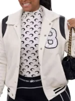Closure view of LaBrina Jackson Heart and Hustle Houston Varsity Jacket featuring snap button fastening and premium varsity construction