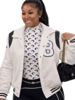 Front view of LaBrina Jackson Heart and Hustle Houston Varsity Jacket featuring premium varsity construction, ribbed trims, and embroidered detailing