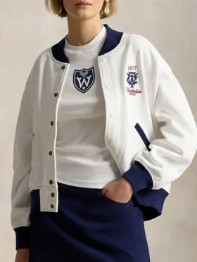 Close-up of Lauren Wimbledon White Bomber Jacket highlighting the front closure, premium fabric, and refined detailing