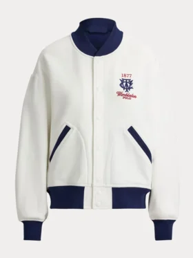 Front view of Lauren Wimbledon White Bomber Jacket featuring a crisp white finish and premium bomber silhouette