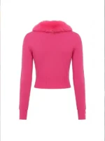 Back view of Lexi Minetree Pink Fur Collar Cardigan featuring a clean knit silhouette and elegant pink finish