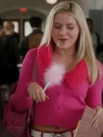 Close-up of Lexi Minetree Pink Fur Collar Cardigan highlighting soft fur texture, knit fabric, and detailed craftsmanship