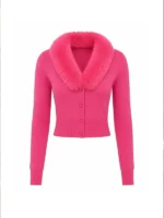 Front view of Lexi Minetree Pink Fur Collar Cardigan featuring a soft fur collar, elegant pink finish, and cozy knit design