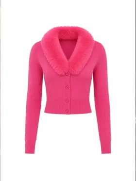 Front view of Lexi Minetree Pink Fur Collar Cardigan featuring a soft fur collar, elegant pink finish, and cozy knit design