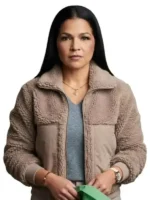 Close-up view of Love It or List It S21 Page Turner Sherpa Jacket showing its soft texture, neat stitching, and refined construction