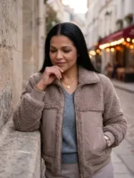 Closure view of Love It or List It S21 Page Turner Sherpa Jacket showing the front fastening, soft sherpa texture, and clean finishing
