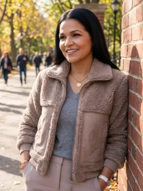 Front view of Love It or List It S21 Page Turner Sherpa Jacket featuring clean detailing, soft sherpa fabric, and a comfortable fit