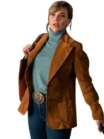 Front look of Marshals Belle Skinner Tan Suede Blazer featuring structured lapels, premium suede, and a flattering tailored fit