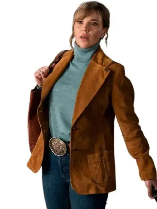 Front look of Marshals Belle Skinner Tan Suede Blazer featuring structured lapels, premium suede, and a flattering tailored fit