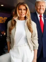 Closure view of Melania Trump World Cup Final Jacket showing the front fastening, clean stitching, and premium finishing