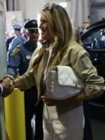 Side view of Melania Trump World Cup Final Jacket showing a streamlined silhouette, tailored fit, and premium construction