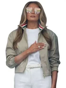 Front view of Melania Trump World Cup Final Jacket featuring clean front detailing, premium fabric, and a polished tailored fit