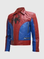 Side view of Mens Red & Blue Spider Leather Jacket featuring premium leather and a bold superhero inspired silhouette