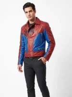 Mens Red & Blue Spider Leather Jacket featuring premium leather, bold spider inspired colors, and modern biker styling