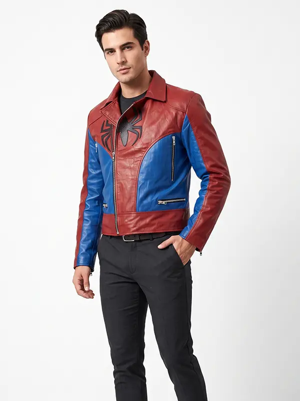 Mens Red & Blue Spider Leather Jacket View Look Mens Red & Blue Spider Leather Jacket featuring premium leather, bold spider inspired colors, and modern biker styling