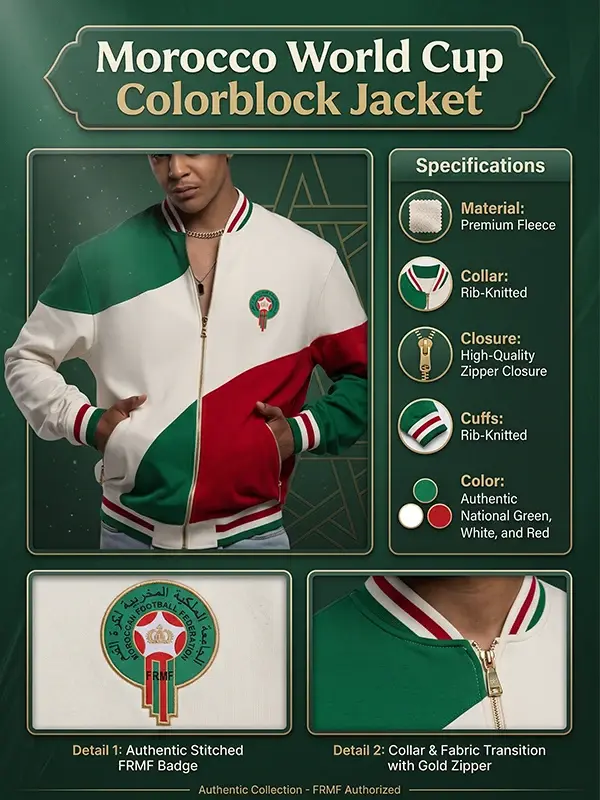 An infographic showcasing the product features and design details of the Morocco World Cup Colorblock Jacket in its official green, white, and red national colors.