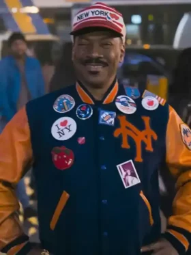 Front view of NY Eddie Coming America 2 Letterman Jacket featuring bold varsity details and premium construction