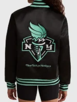 Back view of NY Liberty Twin Flame Varsity Jacket featuring a clean varsity silhouette and premium finish