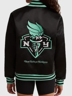Back view of NY Liberty Twin Flame Varsity Jacket featuring a clean varsity silhouette and premium finish