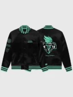Front and back look of NY Liberty Twin Flame Varsity Jacket showcasing complete varsity design and premium details