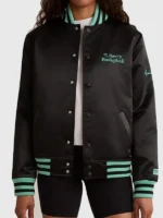 Front look of NY Liberty Twin Flame Varsity Jacket featuring bold varsity styling and premium construction
